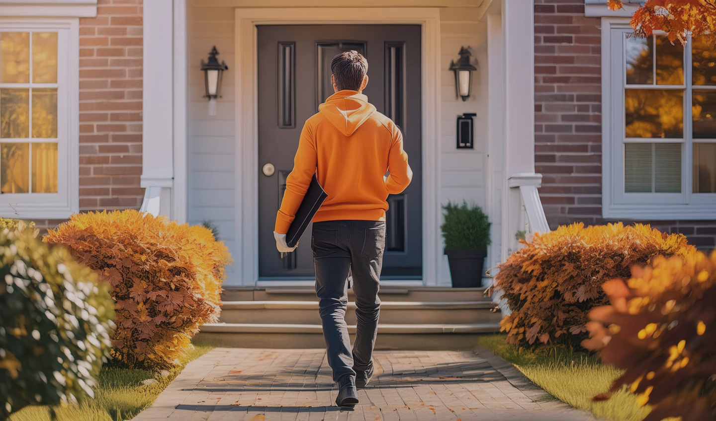 Man walking up to front door of a home